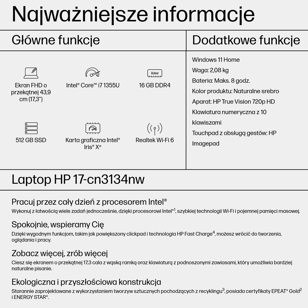 Лаптоп HP 17-cn3134nw Intel, 17.3", Intel i7-1355U, 16 GB RAM, 512 GB SSD, i argjendtë