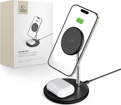 Безжичен полнач 2 во 1 Tech-Protect QI15W-A39, MagSafe, USB-C, црн