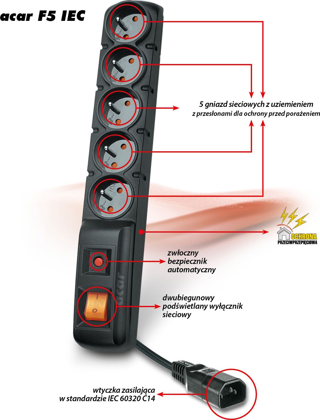 Kabllo zgjatëse Acar 5x priza, 3m, e zezë