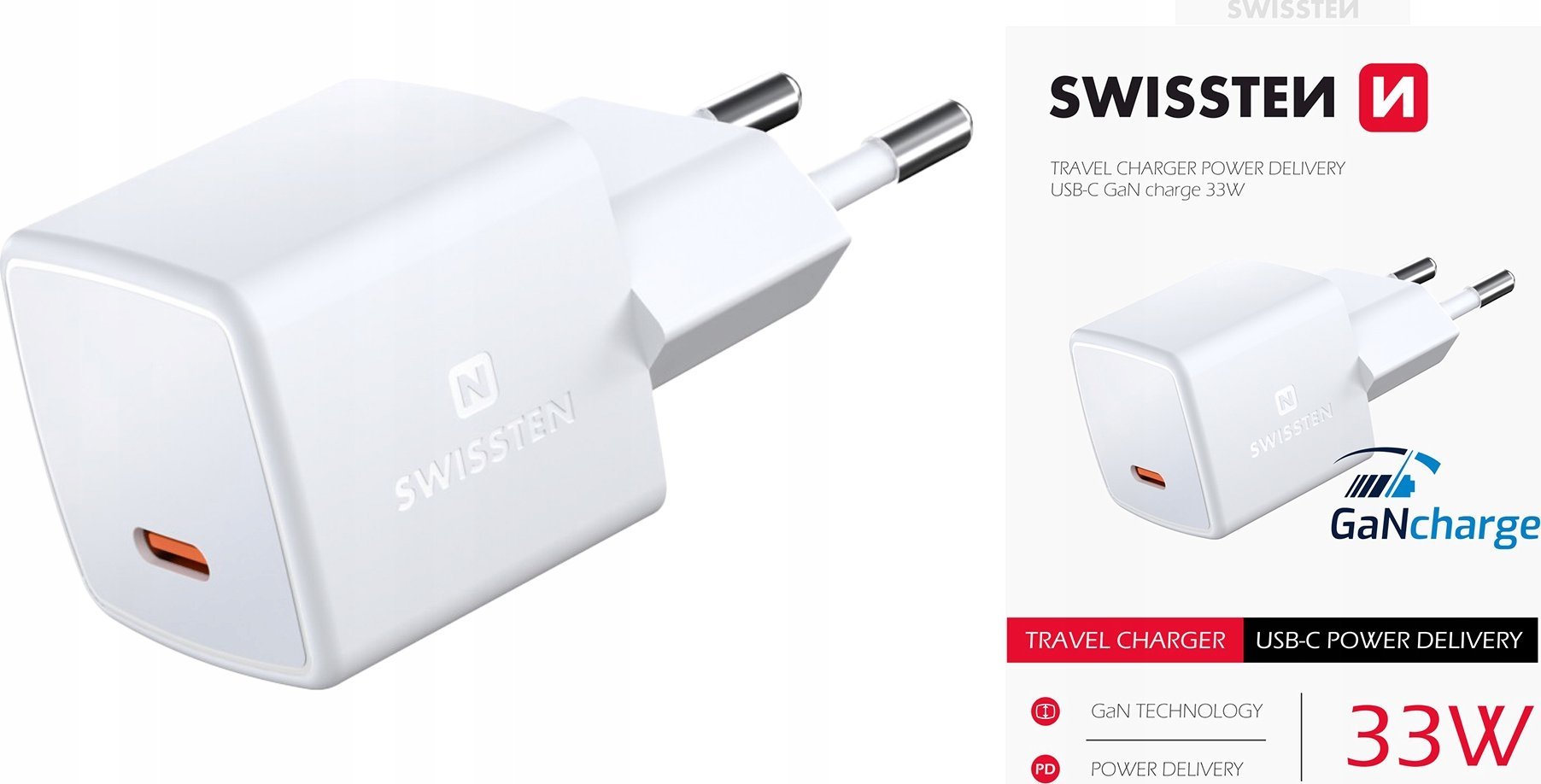 Karikues muri Swissten GaN USB C, 33W, Power Delivery, i bardhë
