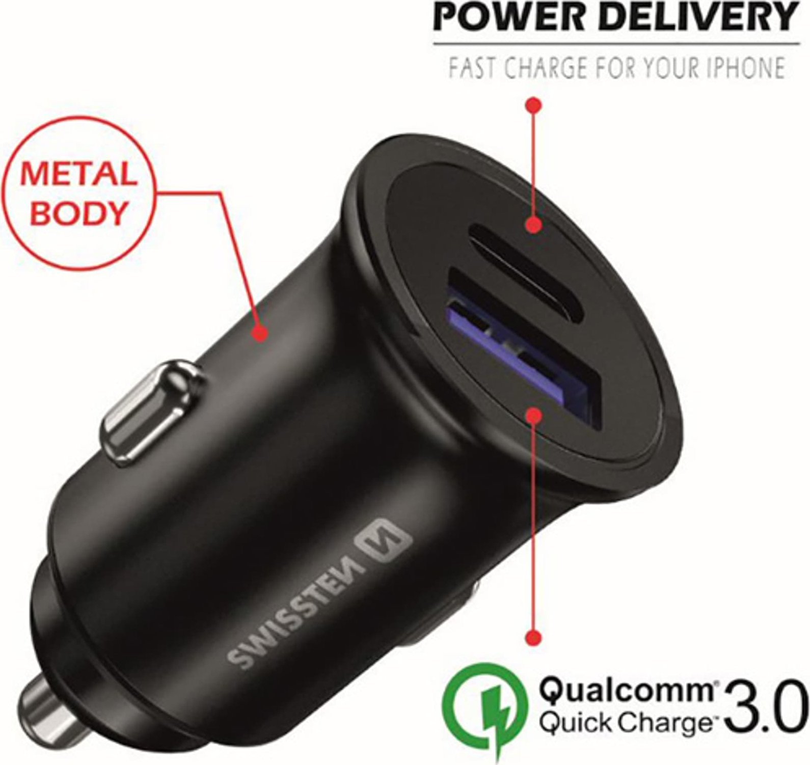 Karikues veture Swissten CL Adapter, USB-C Power Delivery, Quick Charge 3.0 36W, metalik i zi