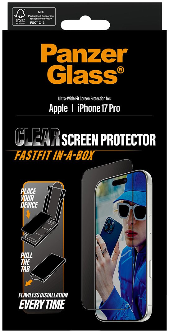 Заштита за екран PanzerGlass за iPhone 17 Pro, Ultra-Wide Fit, FASTFIT in-a-BOX, проѕирна
