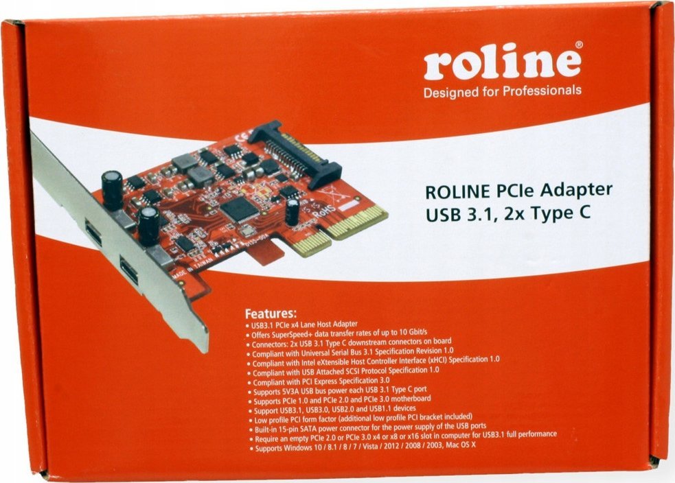 Adapter USB Roline PCIe x4, 2x USB C, 10 Gbps, low profile