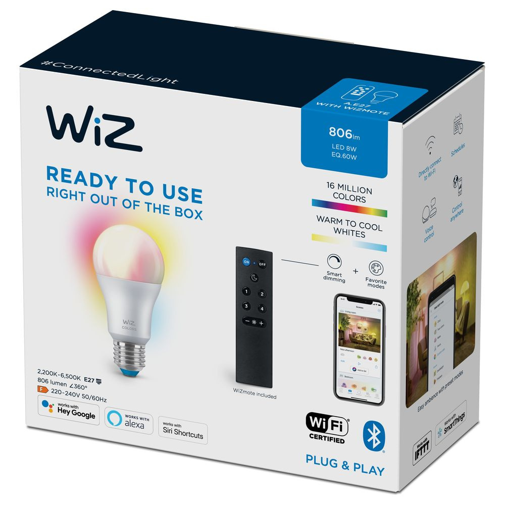 Llambë inteligjente Philips WiZ Colour E27, 60W ekuivalente, WiFi, shumëngjyrëshe