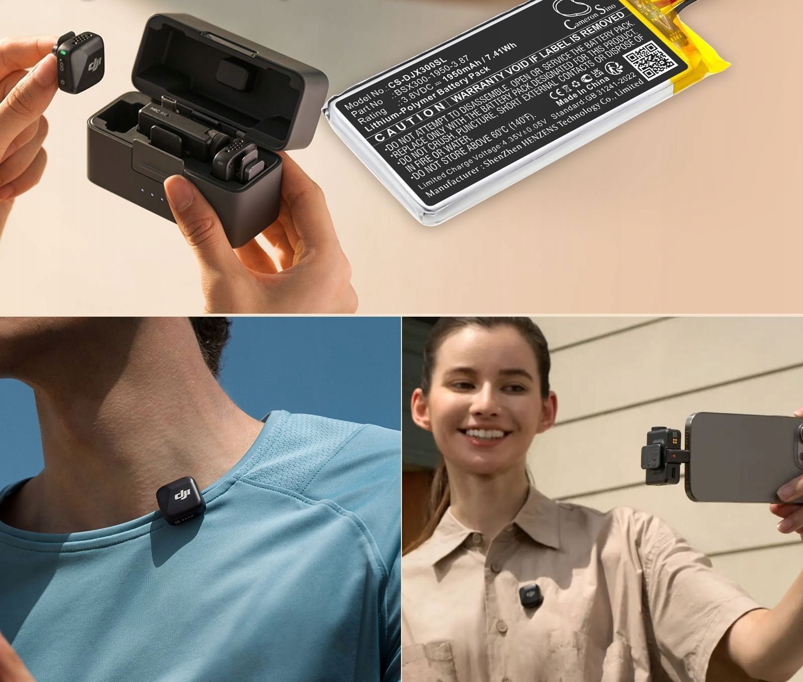 Ли-Полимер батерија за микрофон DJI MIC Mini, 3.8V, 1950mAh, црна