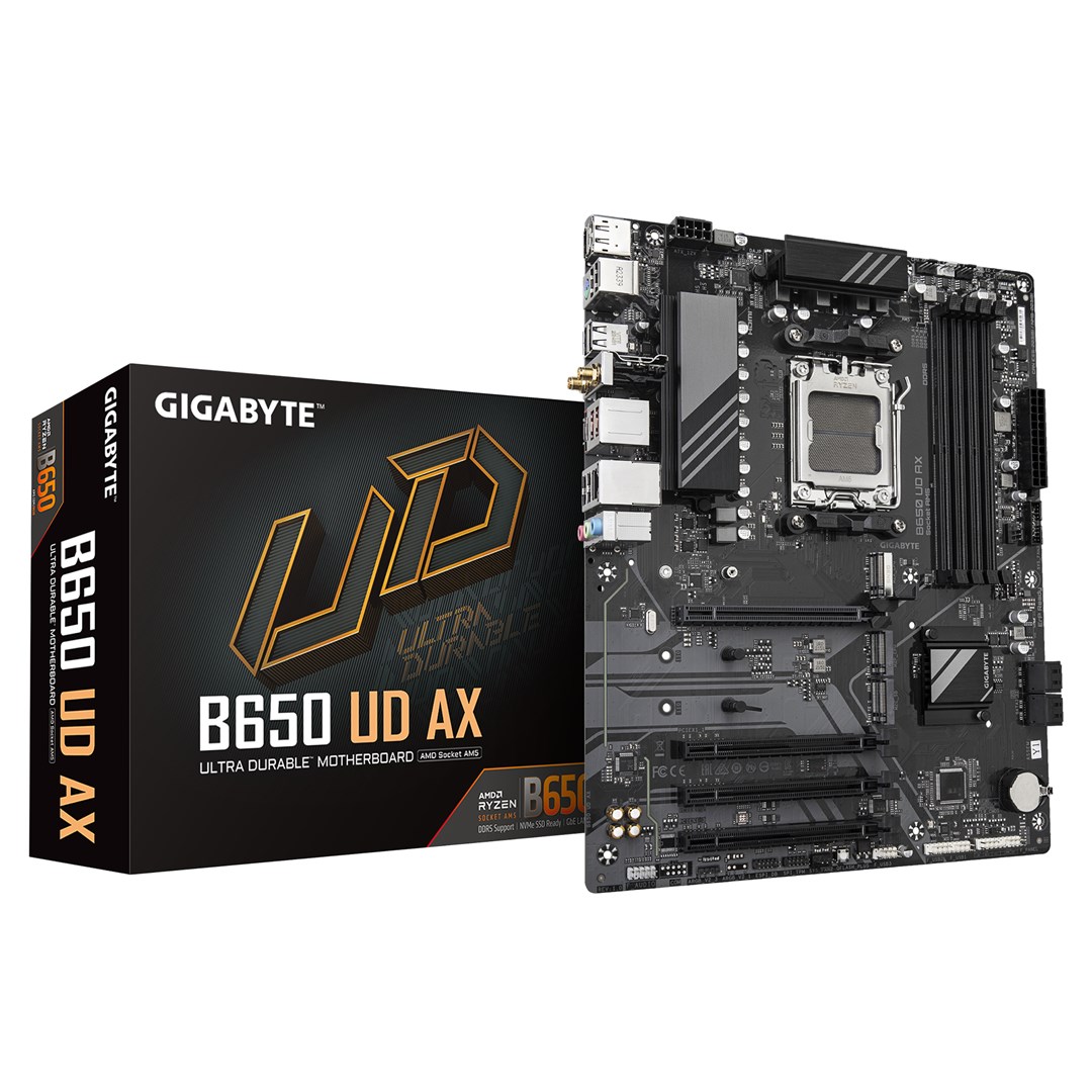 Pllakë amë GIGABYTE B650 UD AX, AMD Ryzen, 9000 Series CPUs, 6+2+2 VRM, 7600MHz, DDR5 (OC), 1xPCIe 5.0 + 2xPCIe 4.0 M.2, GbE LAN, WIFI 6, USB 3.2 Gen 2