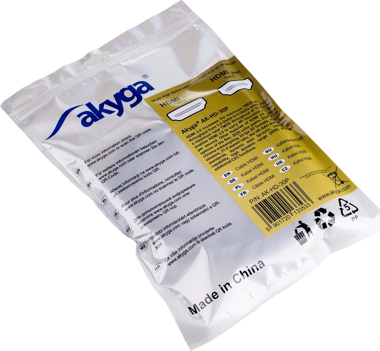 Kabllo HDMI Akyga AK-HD-30P, 3m, 4K, ngjyrë argjendi