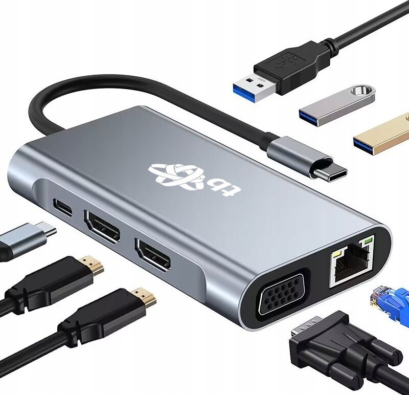 Adaptuer USB C TB Touch AKTBXVA8W1UHVRJ, 8 në 1, HDMI VGA RJ45 USB, gri