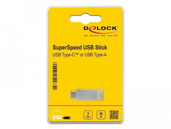 USB flash DeLOCK 54075, 64GB, USB 3.2 Gen 1, USB A dhe USB C, argjendi