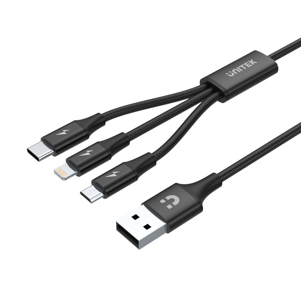 Kabllo Unitek, USB C / Micro-USB B / Lightning, 1.2 m, e zezë
