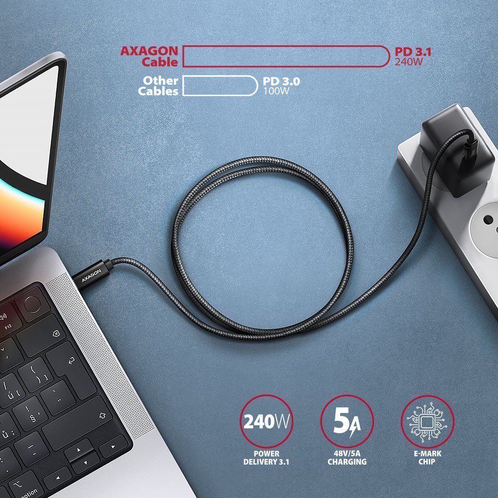 Kabllo USB Axagon BUCM2-CM20AB USB-C në USB-C, 2 m, 240W, e zezë