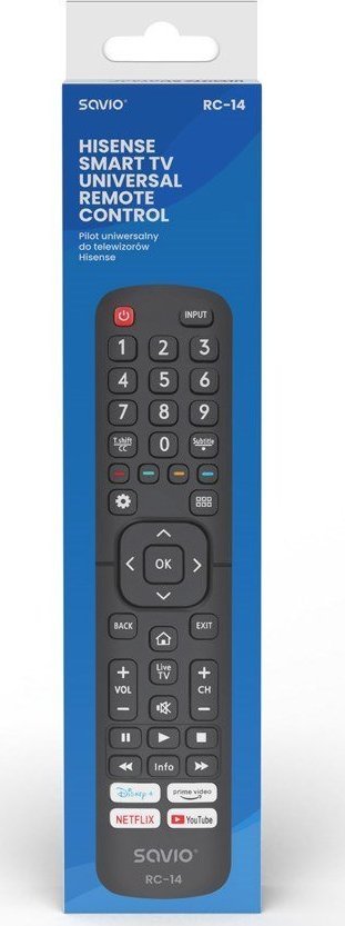 Telekomandë universale Savio RC-14 për TV Hisense, infra të kuqe, butona mekanikë, e zezë