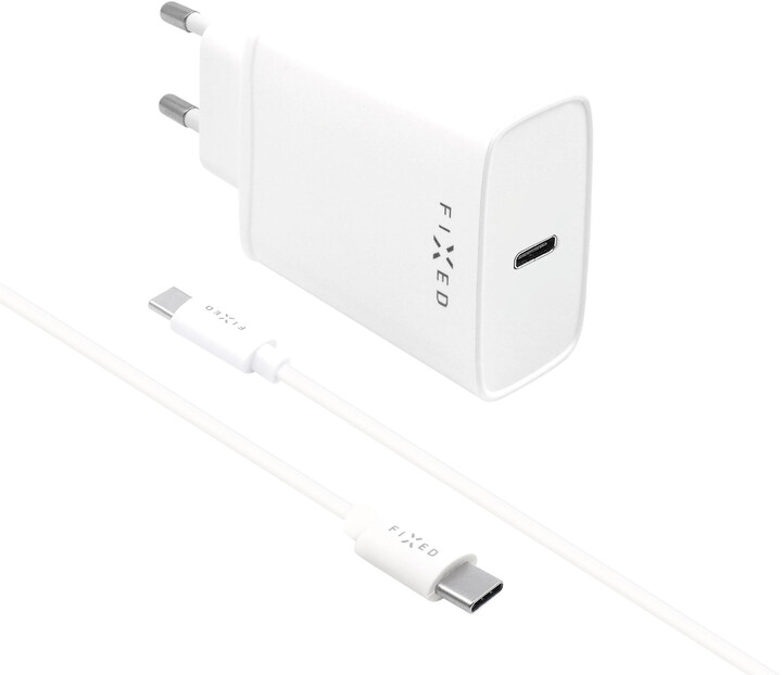 Karikues FIXED USB-C, PD, 20W, i bardhë + kabllo USB-C - USB-C, 1m, e bardhë