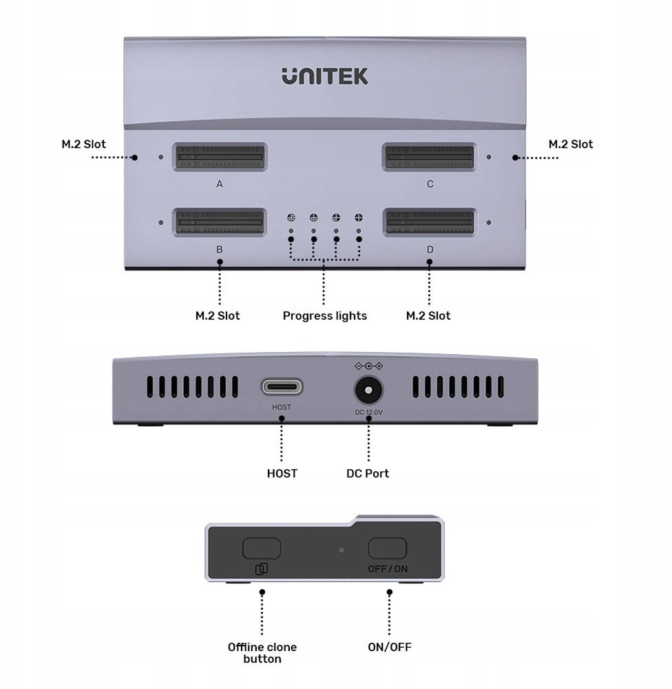 Dok stacion Unitek USB4 4 Bay M.2 SSD, NVMe SATA, 40Gbps, i zi