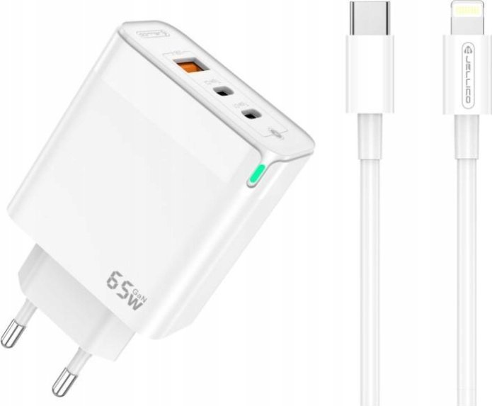 Karikues muri Jellico Fast Charger Quick 65W, 2x USB-C, USB-A, me kabllo Lightning për iPhone, i bardhë