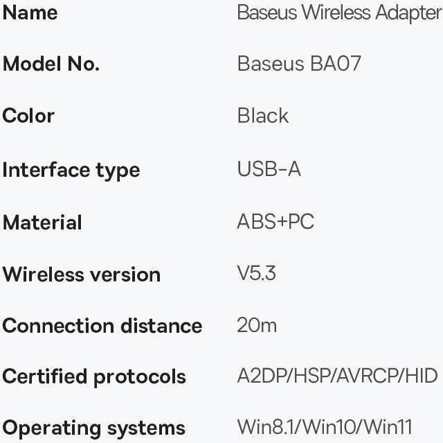 Bluetooth адаптер Baseus BA07, USB, Bluetooth 5.3, црн