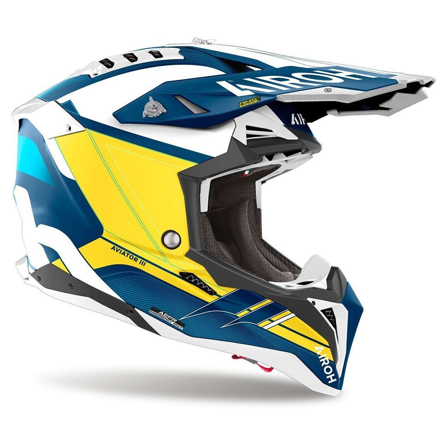 Helmetë motocross Airoh Aviator 3 Saber, madhësia S, bardh e kaltër e verdhë