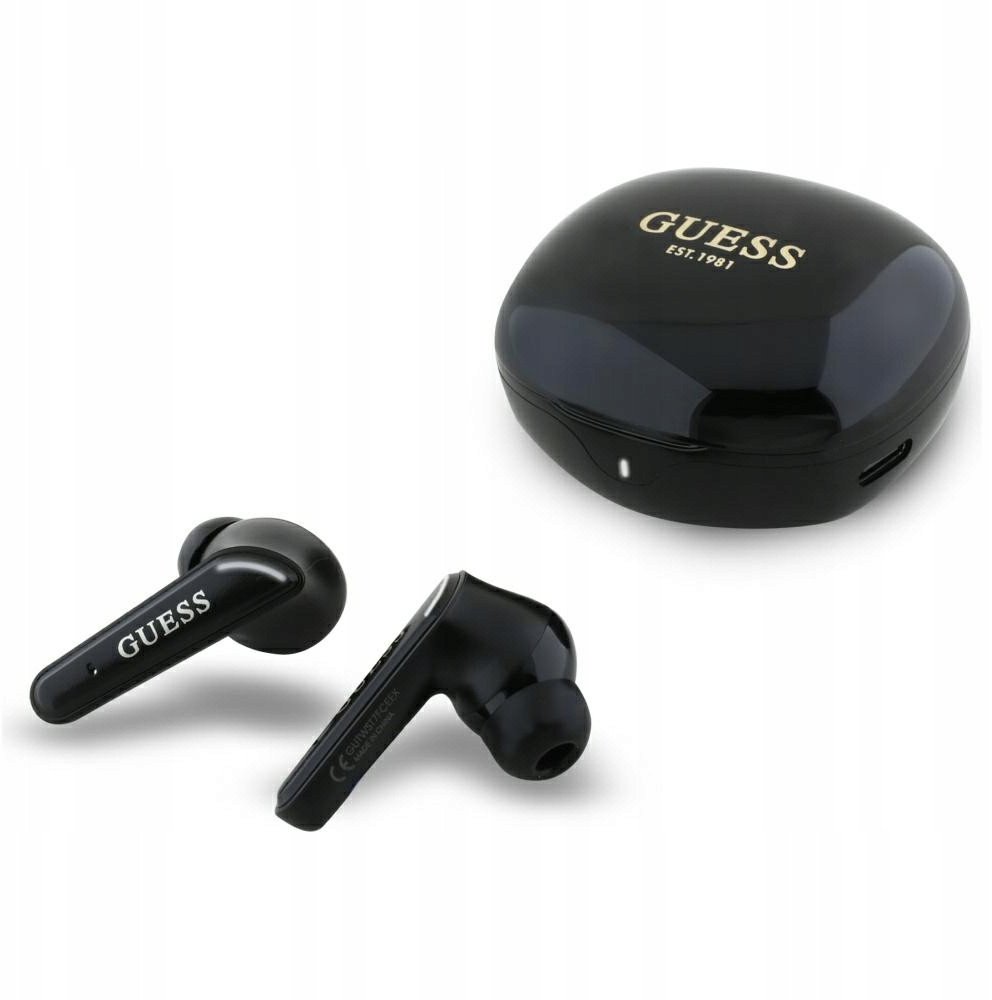 Kufje wireless Guess Glossy Classic Logo TWS, me Bluetooth, me kuti karikimi, të zeza