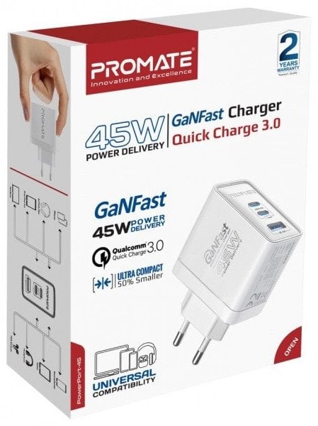 Karikues ProMate PowerPort 45, 45W, 2x USB C PD dhe USB QC 3.0, i bardhë