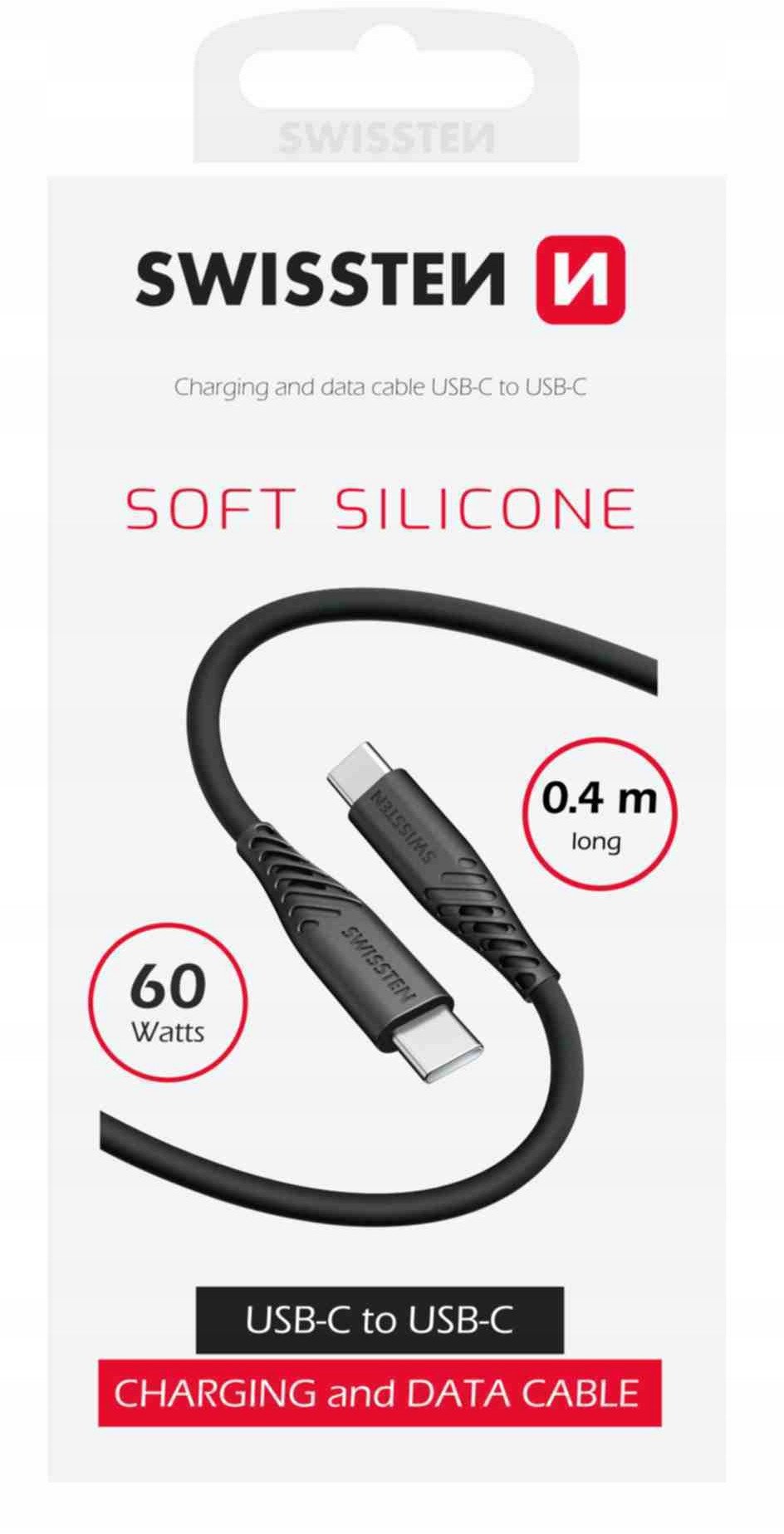 USB кабел Swissten Soft Silicone, USB C во USB C, 0.4m, 60W, црн