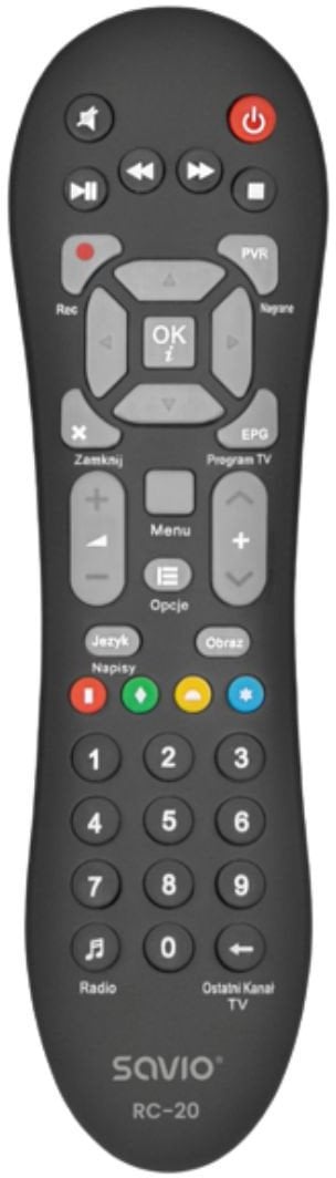 Telekomandë Savio RC-20, IR për dekoder Cyfrowy Polsat, e zezë