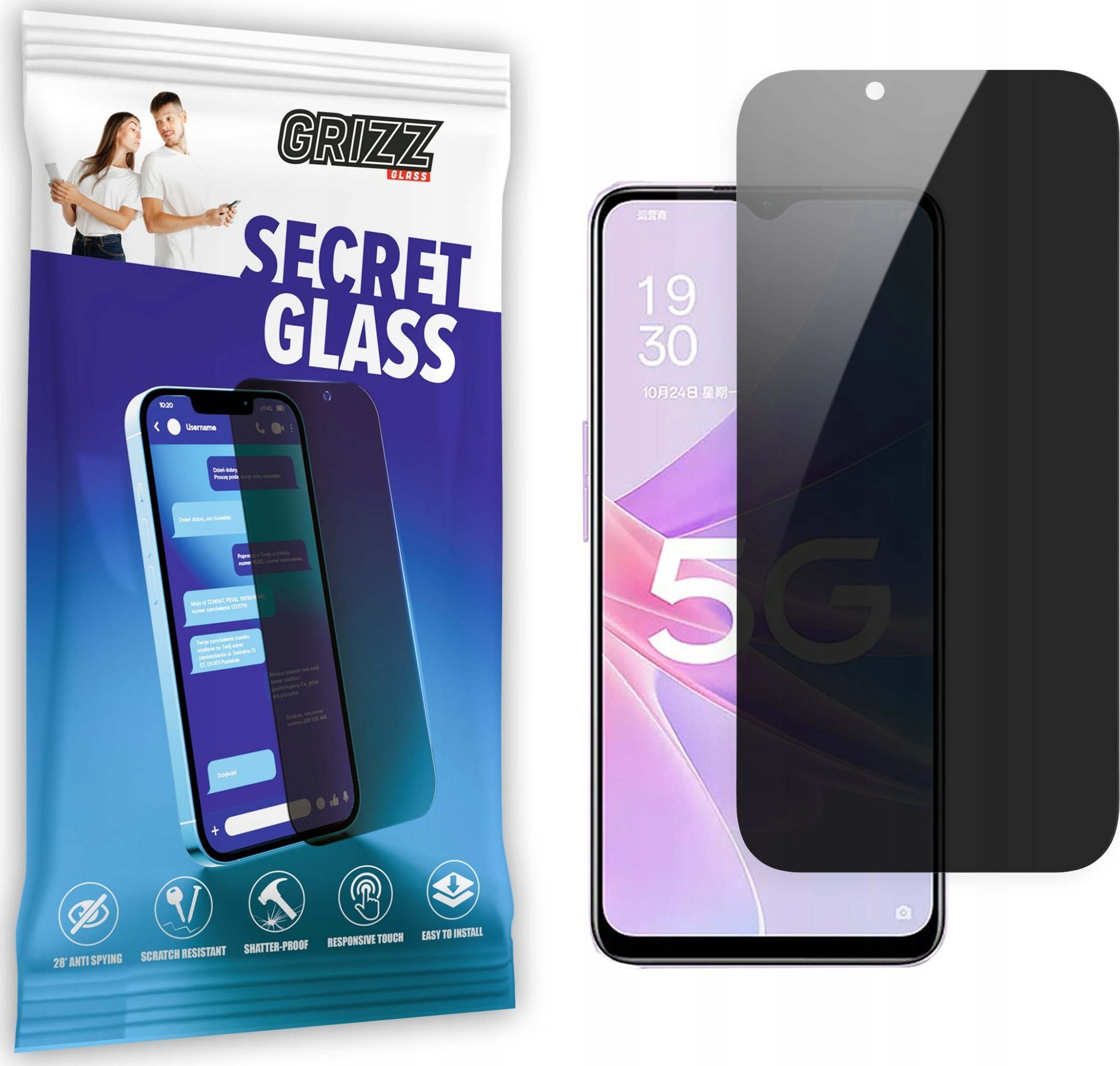 Xham mbrojtës privatësie Grizz SecretGlass për Oppo A78 5G, hibrid, mat