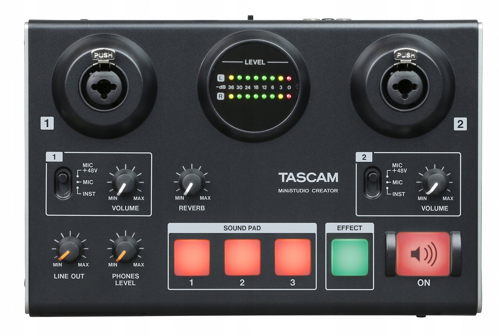 Interfejs audio Tascam US-42B MiniStudio Creator, 2 kanale, për streaming dhe podcast, i zi