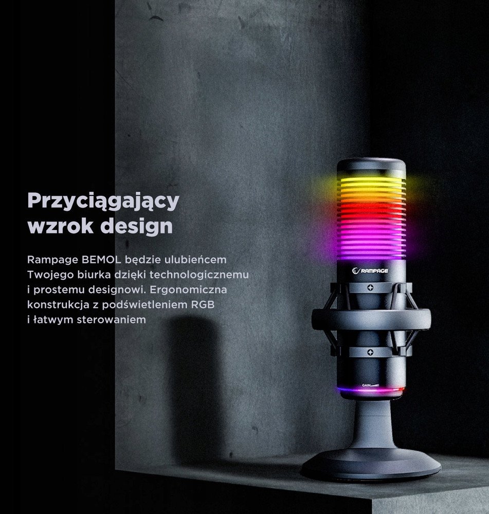 Mикрофон за маса Rampage Bemol RGB, капацитивен, 3.5mm и USB C, црн
