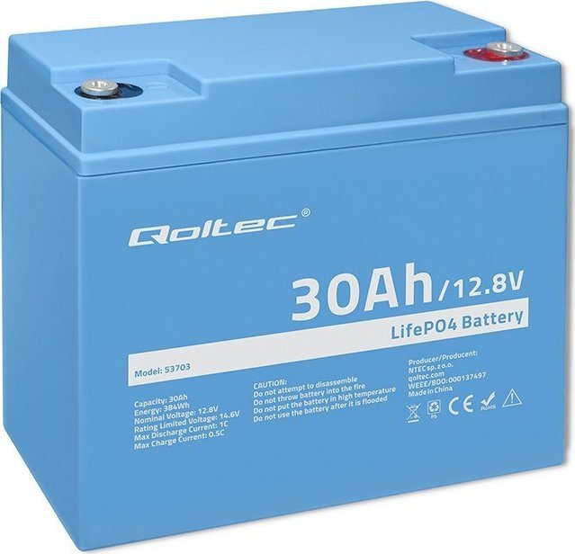 Литиумска батерија LiFePO4 Qoltec 12V 30Ah, со BMS, сива