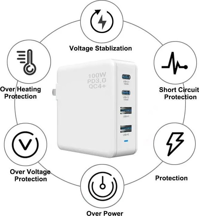 Ѕиден полнач Viking GaN, 100W PD, 4x USB, бел