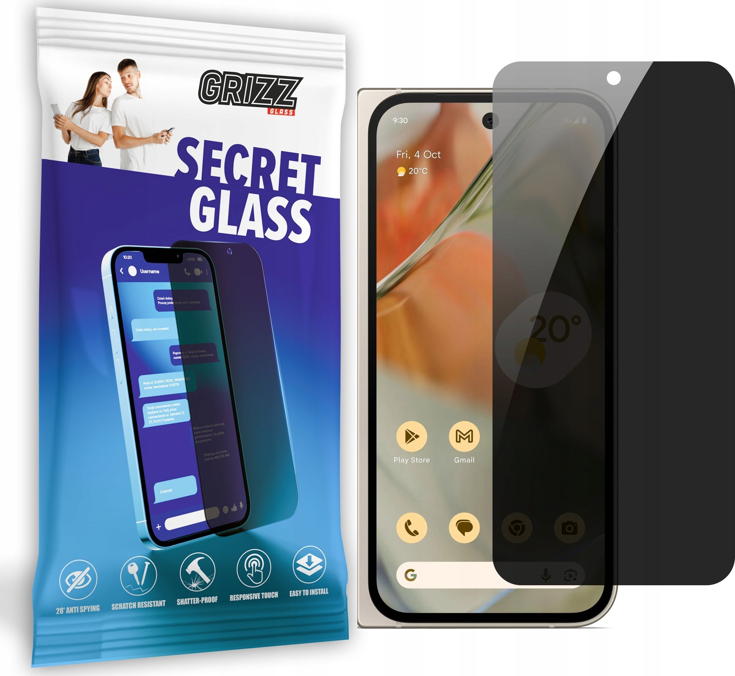 Заштитно мат стакло GrizzGlass SecretGlass за Google Pixel 9 Pro Fold, приватност, отпорно на гребење, проѕирно
