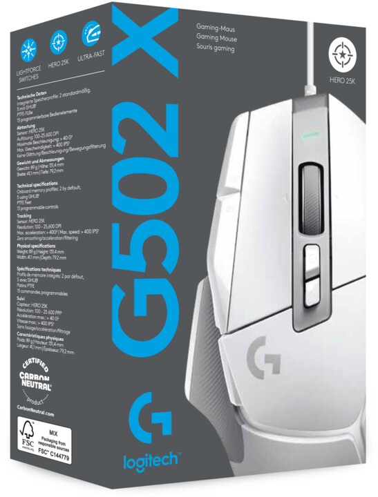 Maus Logitech G502 X, i bardhë
