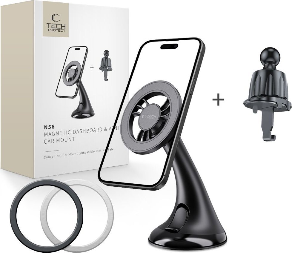 Mbajtëse magnetike për veturë Tech-Protect N56, për smartphone, montim në pult xham dhe grilë, e zezë