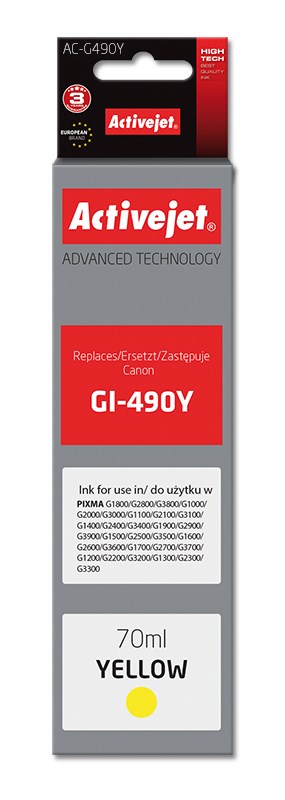 Ngjyrë për printer Activejet AC-G490Y (zëvendësim për Canon GI-490Y), 70 ml, e verdhë