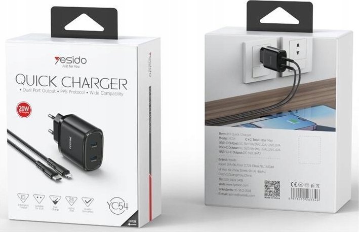 Karikues muri Yesido YC54, PD 20W QC 2xUSB-C, kabllo Type-C në Lightning 27W 1m, i zi