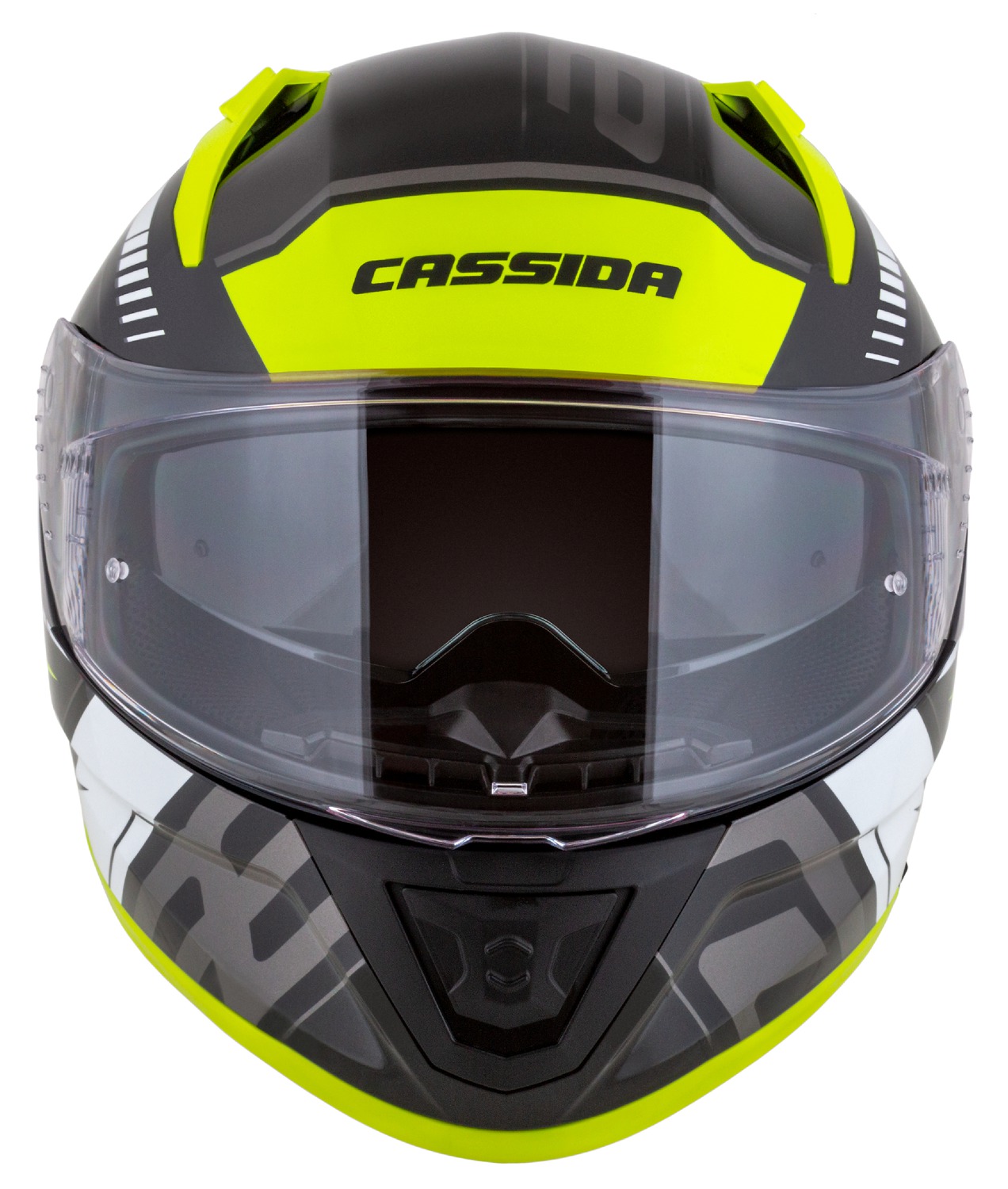 Helmë moto CASSIDA Aero Drome, integrale, me diell, e zezë verdhë fluo e bardhë gri