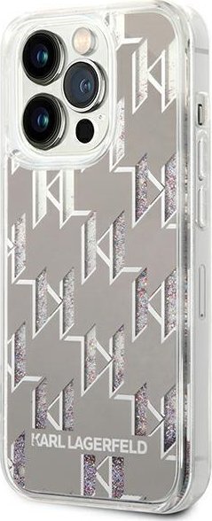 Kallëp telefoni Karl Lagerfeld për iPhone 14 Pro 6.1", hardcase Liquid Glitter Monogram, argjendtë