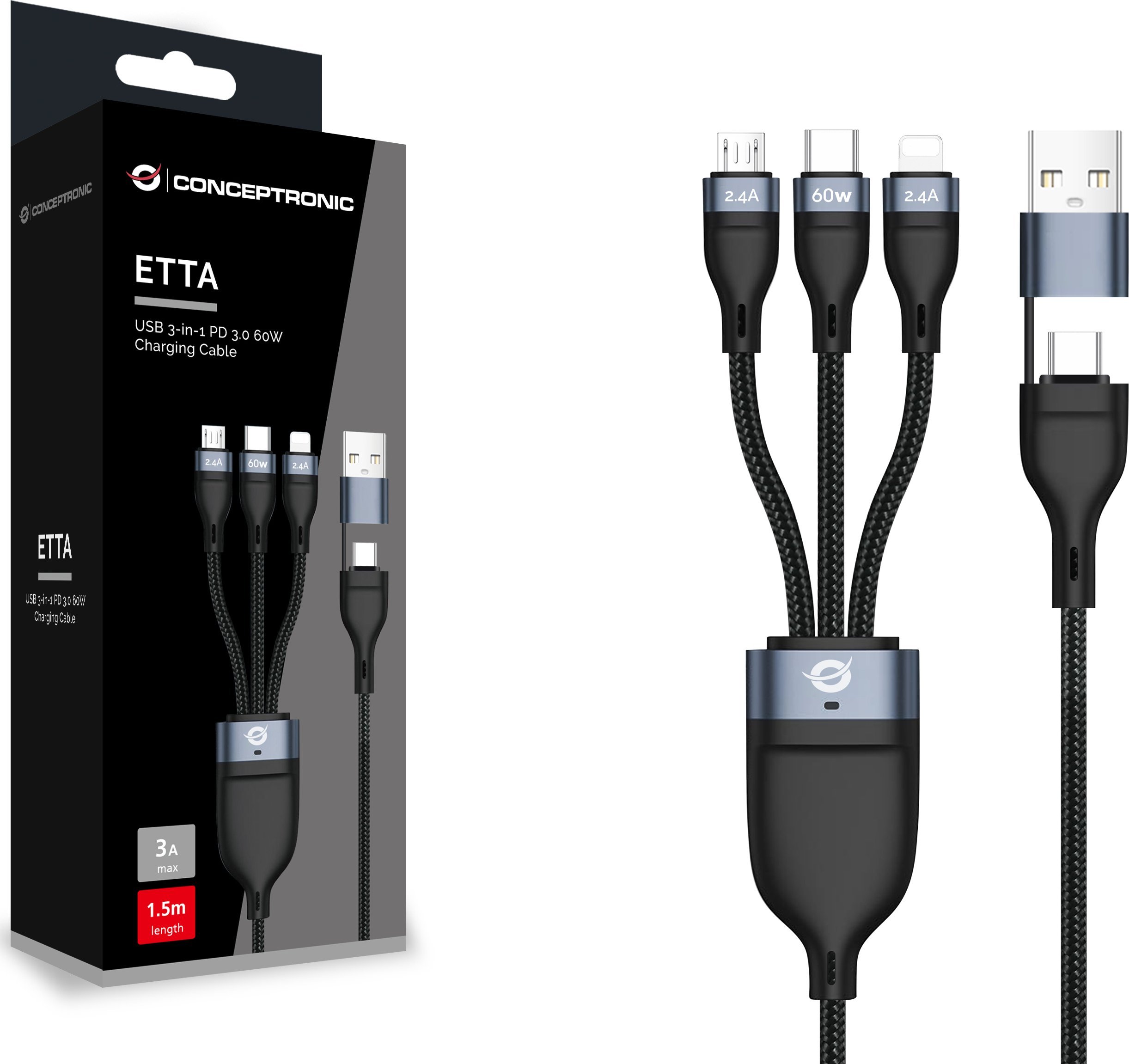 Kабел Conceptronic USB-C USB-A 3.0 3 во 1, 60W, 1.5m, црн