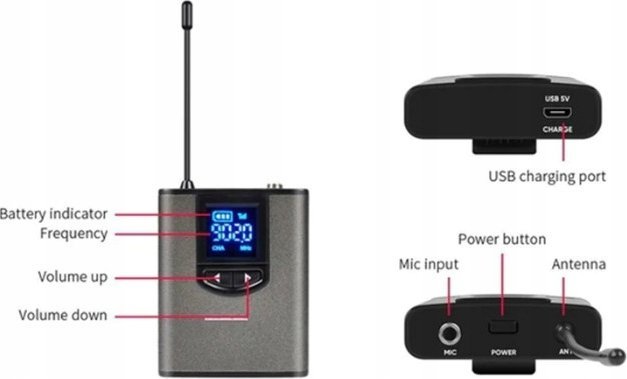 Mikrofon wireless UHF K8, sistem dore, marrës portativ 6.35mm, rreze 50m, i zi
