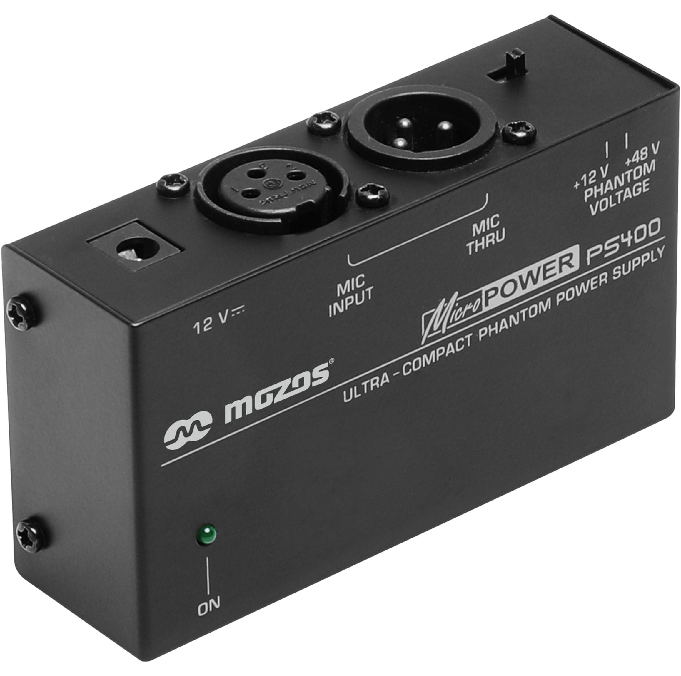 Furnizues phantom power Mozos PS400, 12V 48V, për mikrofonë XLR, i zi