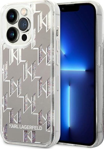Kallëp telefoni Karl Lagerfeld për iPhone 14 Pro 6.1", hardcase Liquid Glitter Monogram, argjendtë