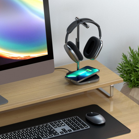 Mbajtëse për kufje Satechi 2-IN-1 me karikues Wireless, e hirtë