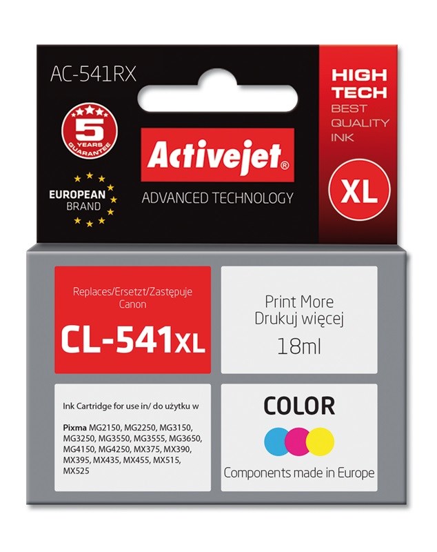 Ngjyrë për printer Activejet AC-541RX (zëvendësim për Canon CL-541 XL), 18 ml, e kaltër / vjollcë / e verdhë Ngjyrë për printer Activejet AC-541RX (zëvendësim për Canon CL-541 XL), 18 ml, e kaltër / vjollcë / e verdhë