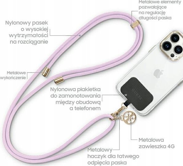 Универзална врвка за телефон Guess CBDY Cord Nylon 4G Metal Charm, најлон, златна