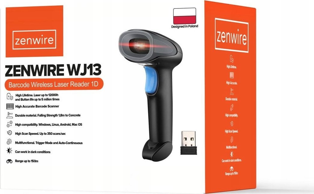 Читач на баркодови Zenwire WJ13, безжичен, 1D, црн