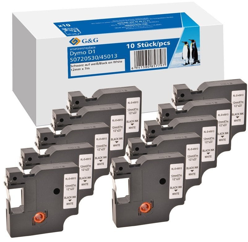 Shirit etiketa G&amp;G Label Tape, 12mm, 7m, i bardhë me tekst të zi