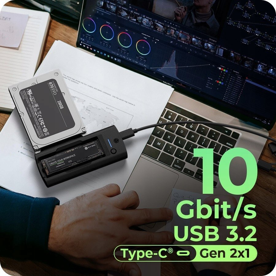 Dok stacion Icy Box IB-180MS-C31, USB 3.2 Gen 2 Type C, M.2 NVMe SATA dhe 2.5"/3.5" SATA, i zi