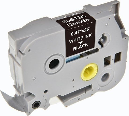 Shirit etiketas Brother TZE-335, 12mm x 8m, tekst i bardhë në sfond të zi