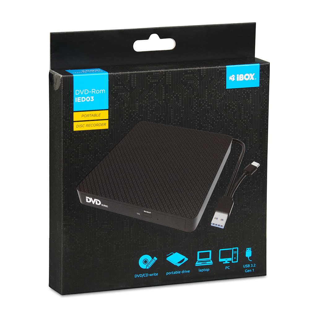 Disk optik i jashtëm iBOX DVD RW IED03, USB, 24x CD, 8x DVD, i zi