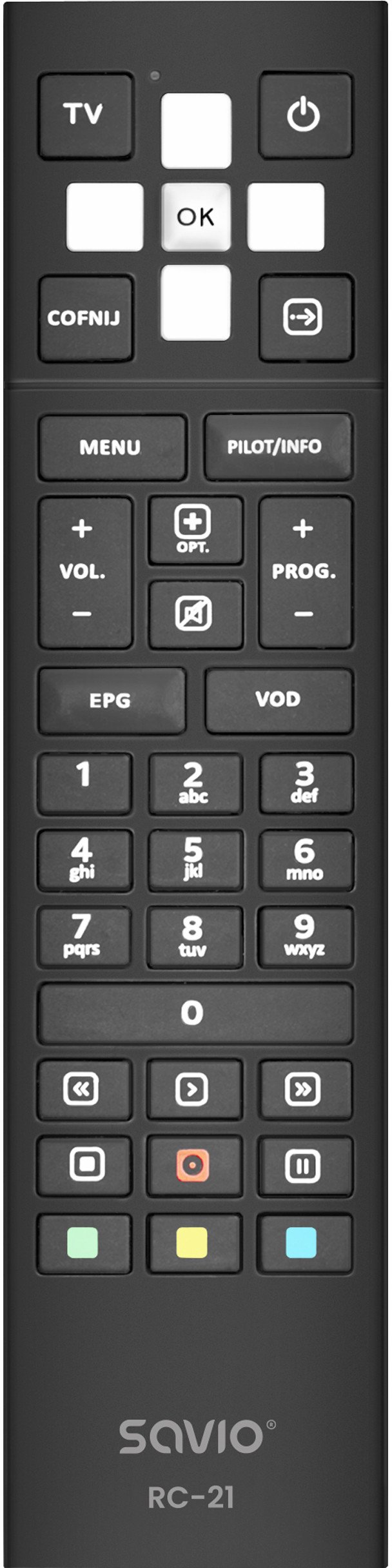 Telekomandë Savio RC-21, për dekoderë NC Plus Sagemcom, infra të kuqe, e zezë